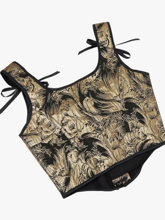 Black and Gold Renaissance Corset Top for Women Floral Lace Up Overbust Bustier - Picture 2 of 5